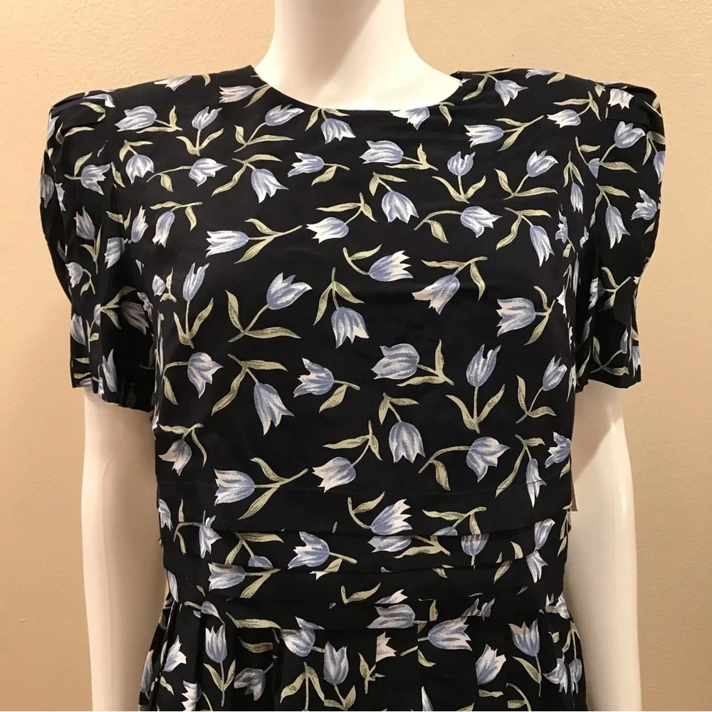Vintage 90s Worthington Floral Dress NEW Size 14 Navy Blue Tulips Short Sleeve - Picture 12 of 15